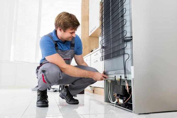 Technician inspecting the components at the back of a refrigerator